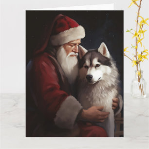 Cartão Siberian Husky com Papai Noel Natal Festivo