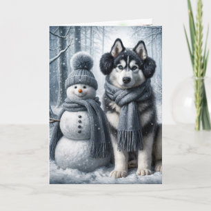 Cartão Siberian Husky com um boneco de neve