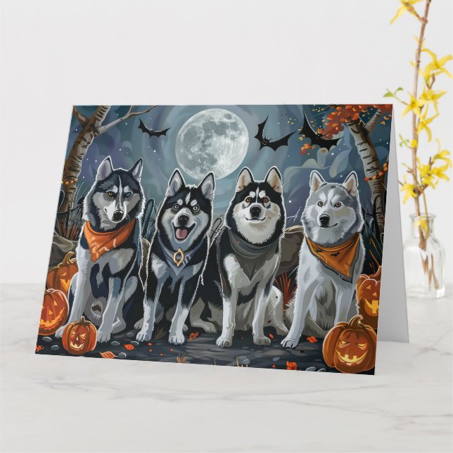 Cartão Siberian Husky Halloween Spooky (Flor Amarela)