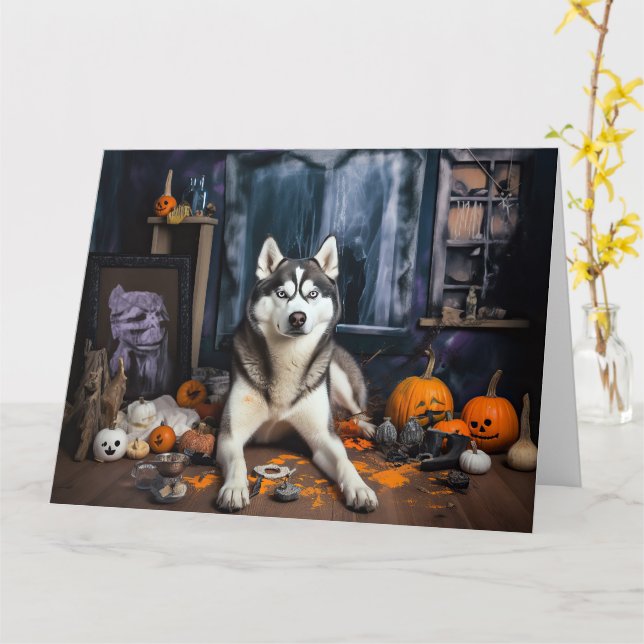Cartão Siberian Husky Pumpkins Halloween Scary (Flor Amarela)