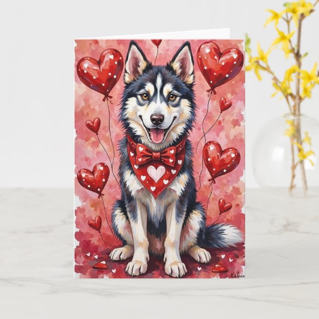 Cartão Siberian Husky Valentine Dog Sitting with Hearts (Flor Amarela)