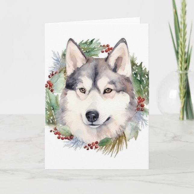 Cartão Siberian Husky Wreath Festiva Pup (Frente)