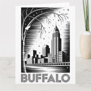 Cartão Silhueta de Buffalo Nova York Preto e Branco Xilog