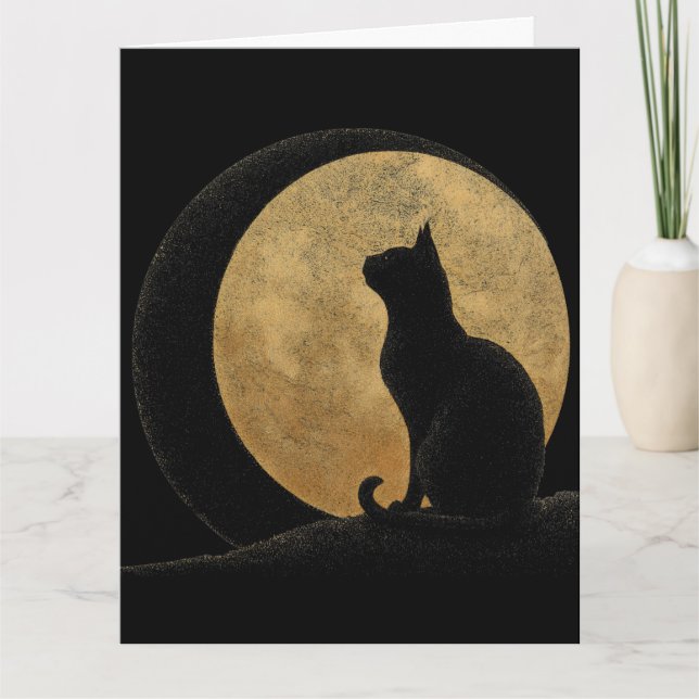 Cartão Silhueta de Gato Preto Contra uma Lua Dourada (Frente)