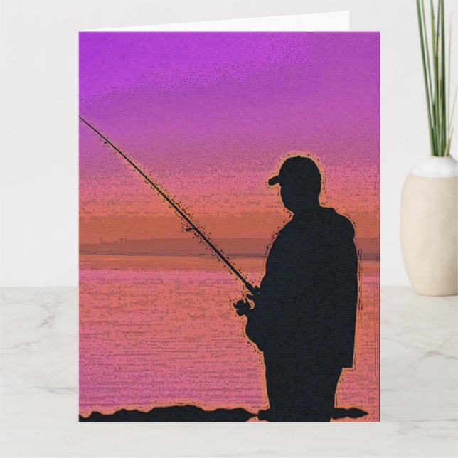 Cartão Silhueta de pesca ao pôr do sol (Frente)