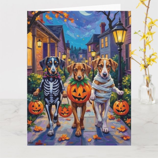 Cartão Silken Windhound Dogs in Halloween Costumes (Flor Amarela)