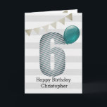 Cartão Silver and Blue 6th Birthday<br><div class="desc">A silver and blue happy 6th birthday card for boys, which you can personalize the front with his name. The front of this modern 6th birthday boy card features the number six in a blue striped design with a blue balloon ready to float away. The background is a soft white...</div>