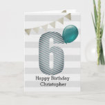Cartão Silver and Blue 6th Birthday<br><div class="desc">A silver and blue happy 6th birthday card for boys, which you can personalize the front with his name. The front of this modern 6th birthday boy card features the number six in a blue striped design with a blue balloon ready to float away. The background is a soft white...</div>