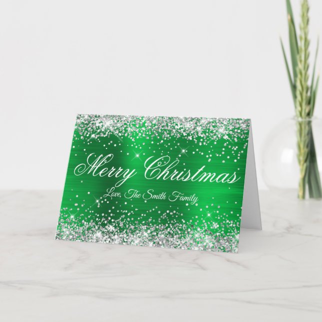 Cartão Silver Glitter Bright Green Foil Merry Christmas (Frente)