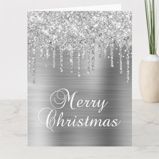 Cartão Silver Glitter Drips Metallic Merry Christmas (Frente)