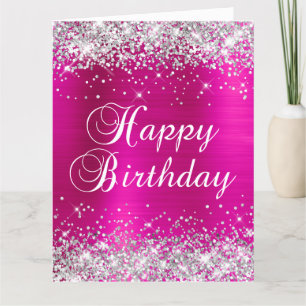 Cartão Silver Glitter Foil Rosa Quente Grande Feliz Anive