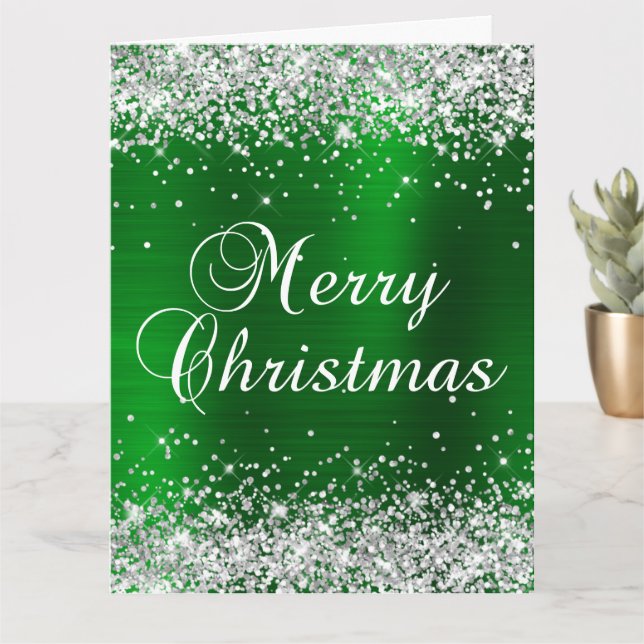 Cartão Silver Glitter Green Foil Grande Feliz Natal (Planta pequena)