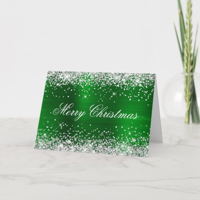 Cartão Silver Glitter Metallic Green Family Photo (Frente)