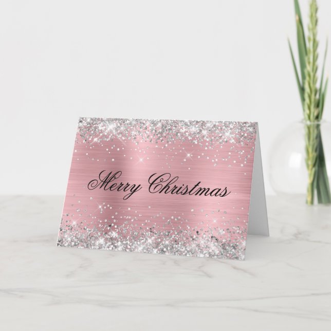 Cartão Silver Glitter Metallic Pink Family Photo (Frente)