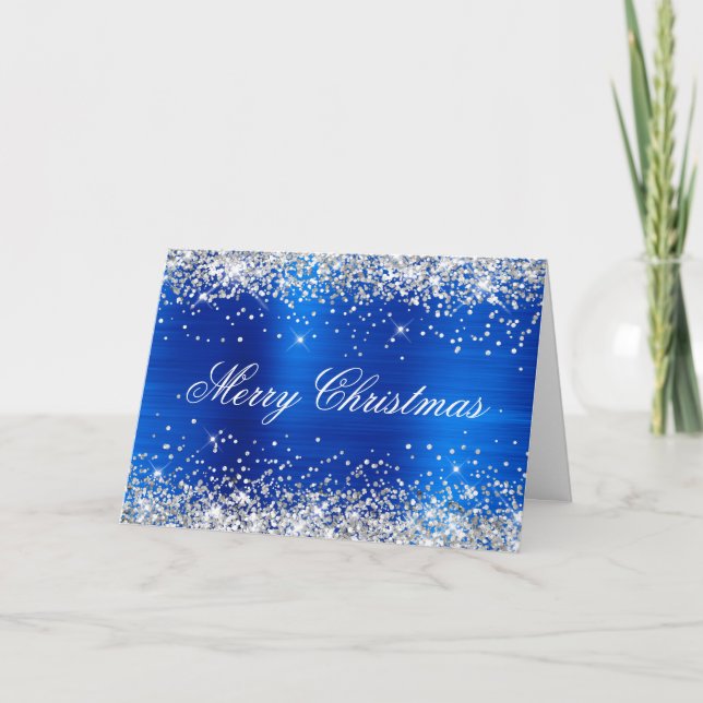 Cartão Silver Glitter Metallic Royal Blue Family Photo (Frente)