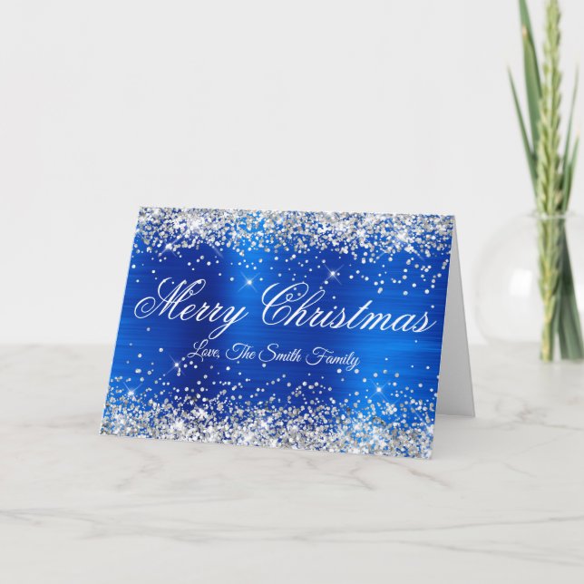 Cartão Silver Glitter Royal Blue Foil Family Photo (Frente)