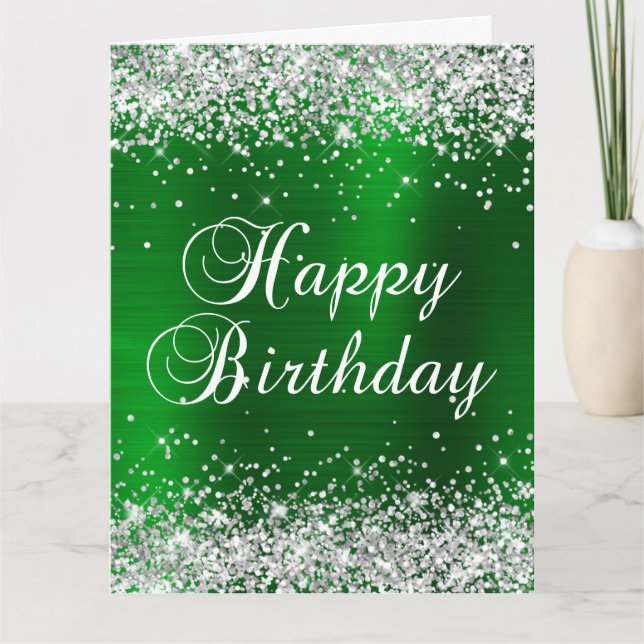 Cartão Silver Glitter Verde Foil Grande Feliz Aniversário (Frente)