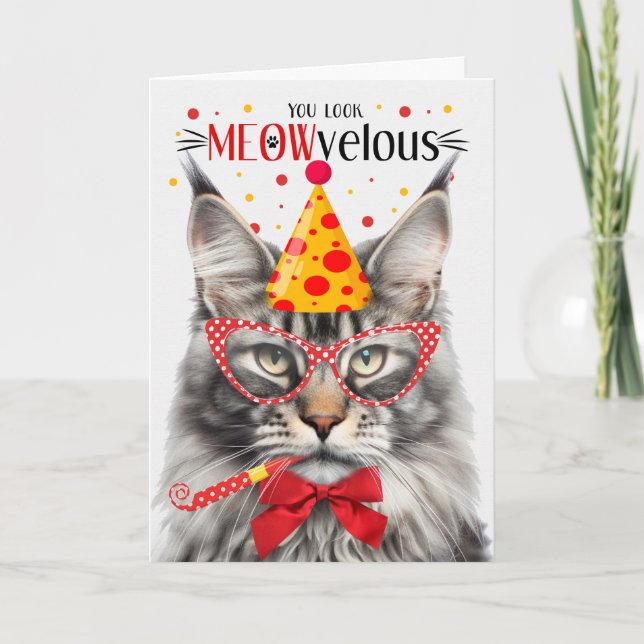 Cartão Silver Maine Coon Tabby Cat MEOWvelous Aniversário (Frente)