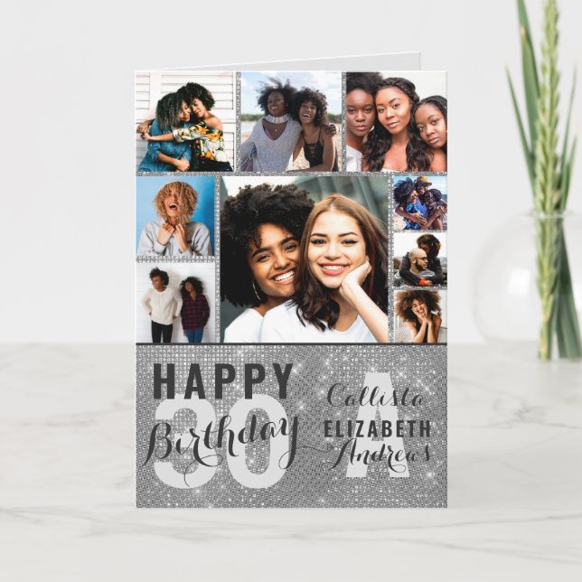 Cartão Silver Sequin Photo Collage Happy Birthday Card (Frente)