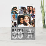 Cartão Silver Sequin Photo Collage Happy Birthday Card<br><div class="desc">This cool and cute happy birthday greeting card is perfect for any friend or family member. It features nine customizable photograph pictures with a monogram name and the quote, "Happy Birthday, " on top of a light gray "30" (which can be changed to any age) on top of a faux...</div>