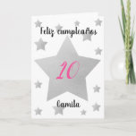 Cartão Silver Stars Girl Spanish Birthday<br><div class="desc">Personalized Feliz Cumpleaños card that features stars sprinkled across the front. You can easily personalize the big silver star with her age and name underneath the star. The inside card message can also be easily personalized if you wanted. The back of the Spanish birthday card has the year and Feliz...</div>