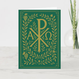 Cartão Símbolo Dourado Chi Rho Alpha Omega sobre Verde