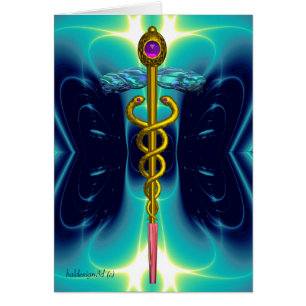 Cartão SÍMBOLO MÉDICO CADUCEU DE OURO Ondas de Luz Azul A