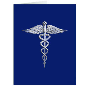 Cartão Símbolo Médico de Cromo Silver Caduceus em Azul Ma