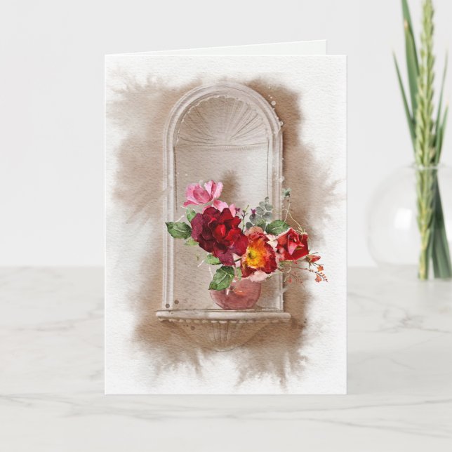 Cartão Simpatia Flores de Aquarelas e Vidro de Vinho (Frente)