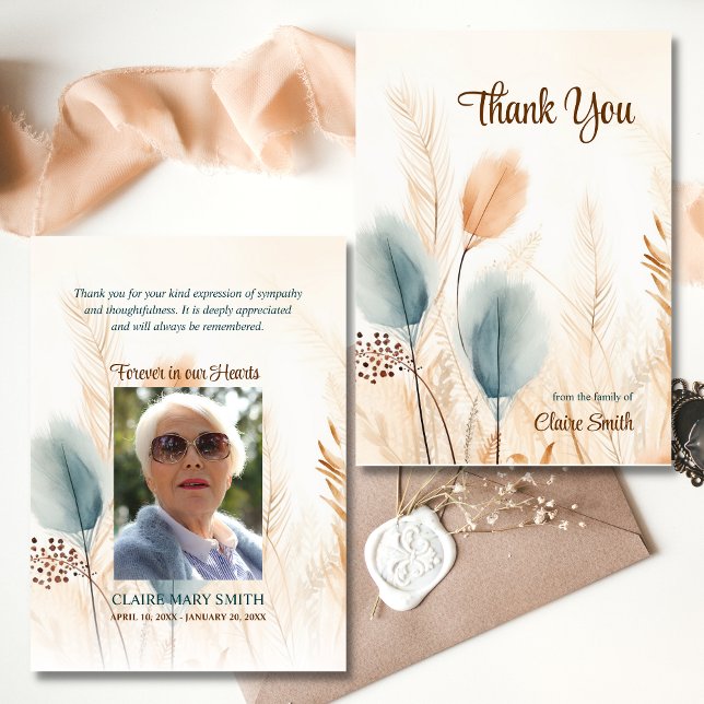 Cartão Simpatia Funeral Pampas Grass Beige Blue FOTO (Sympathy Funeral Pampas Grass Beige Blue PHOTO Thank You Card)