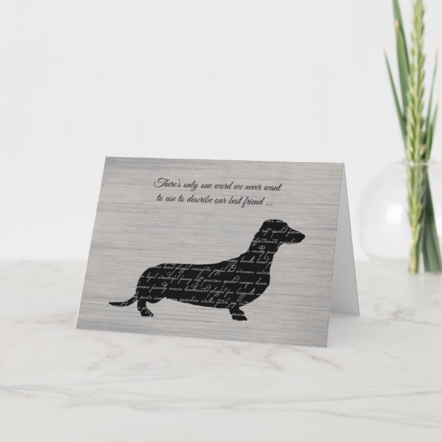 Cartão Simpatia, Perda de Cão, Colagem de Palavras Dachsh (Frente)