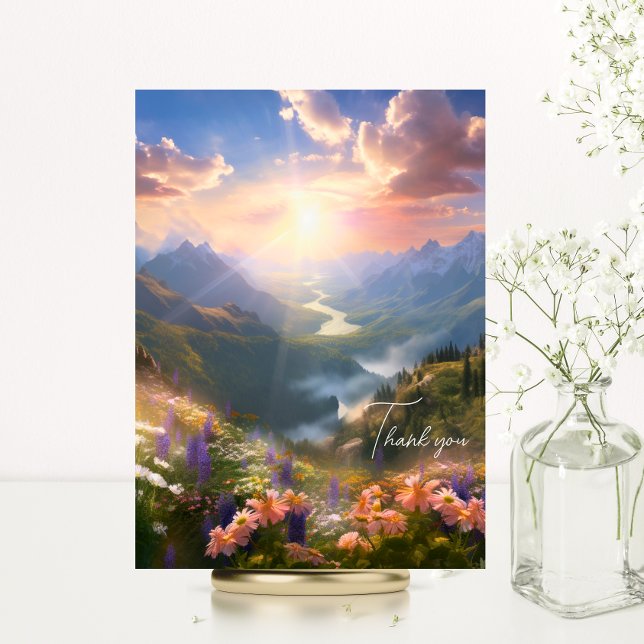 Cartão Simpatia por Flores Selvagens do Sol Montanhas do  (Heaven Mountains Sun Wild Flowers Sympathy Thank You Card | River Water)