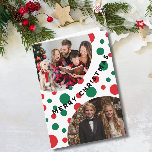 Cartão Simple 2 Photo Christmas Green and Red Dots (Criador carregado)