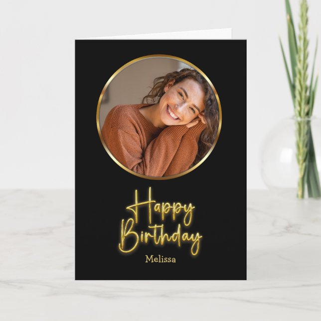 Cartão Simple Black and Gold Script Circle Photo Birthday (Frente)
