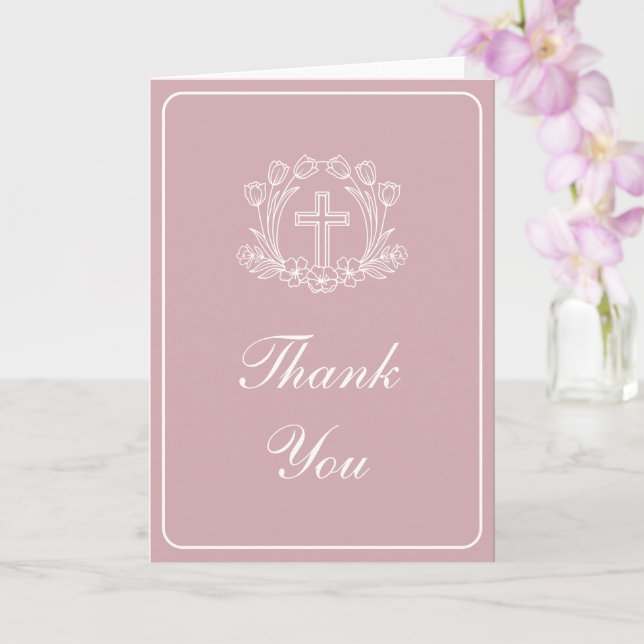 Cartão Simple Floral Cross on Pink Religious Thank You (Orquídea)