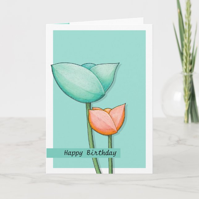 Cartão Simple Flowers teal orange 2 Birthday Card (Frente)