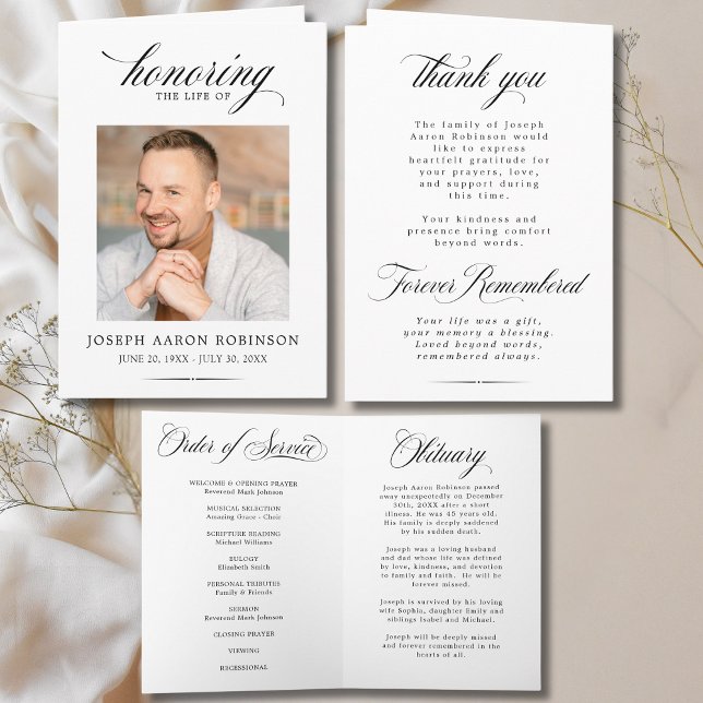 Cartão Simple Photo Memorial Order of Service Program  (FRONT, INSIDE & BACK OF FUNERAL PROGRAM)