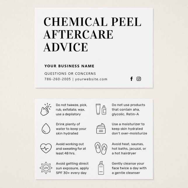 Cartão Simples de Instrução de Pele Química (Frente & Verso)