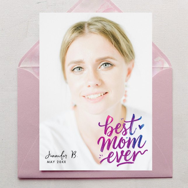Cartão Simples Moderno Roxo Rosa Melhor Mãe Foto Script (Criador carregado)