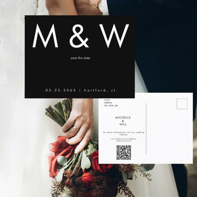 Cartão Simples Monograma B/P Código QR Salvar Data (Criador carregado)