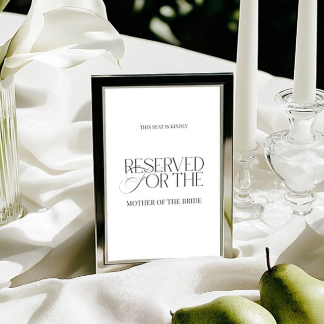 Cartão Sinal de Assento Reservado para Casamento Preto e  (Elegant Black & White Wedding Reserved Seat Sign Card)