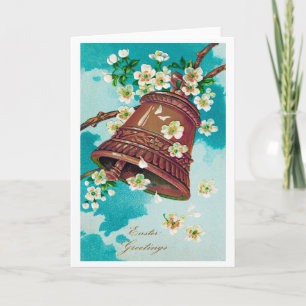 Cartão Sino de Páscoa Vintage e Flores de Cerejeira