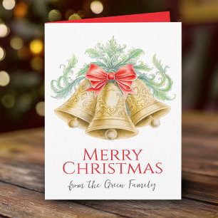 Cartão Sinos de ouro e aquarela de arco vermelho Natal