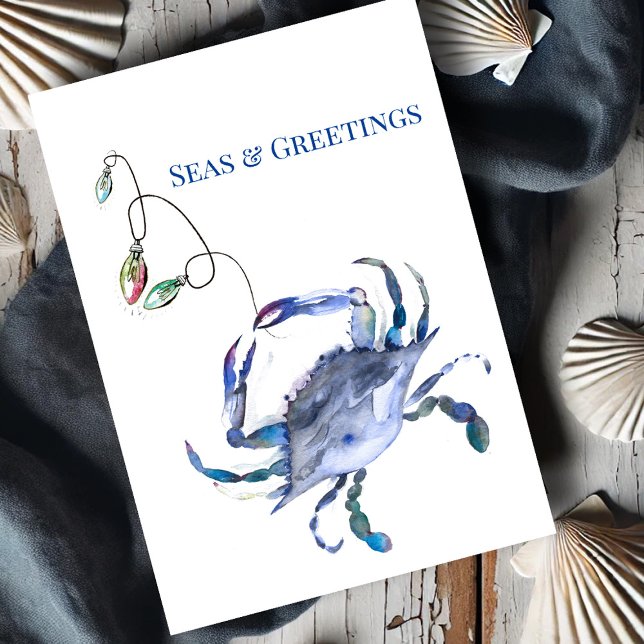 Cartão Siri Azul Costeira Aquarela Natal de Praia (Beach Christmas cards watercolor blue crab and holiday lights by Victoria Grigaliunas DoTellABelle)