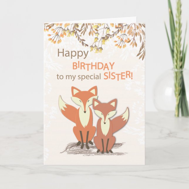 Cartão Sister Birthday Foxes, Leaves on Branches (Frente)