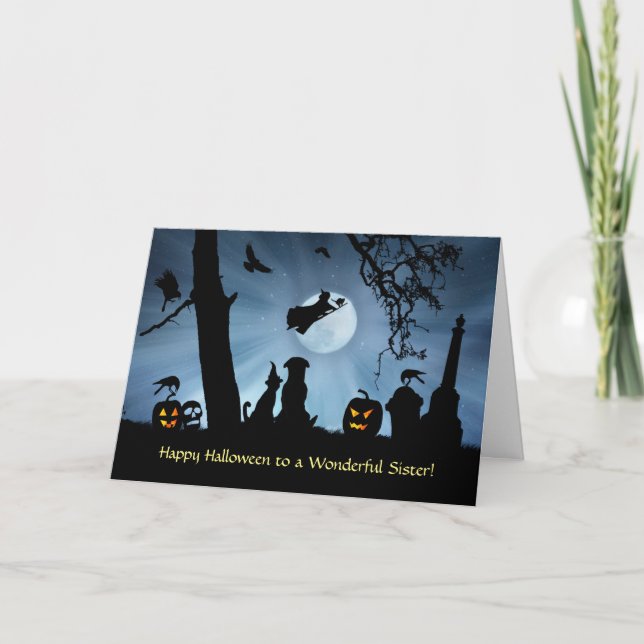 Cartão Sister Halloween Cute Dog and Cat With Witch (Frente)