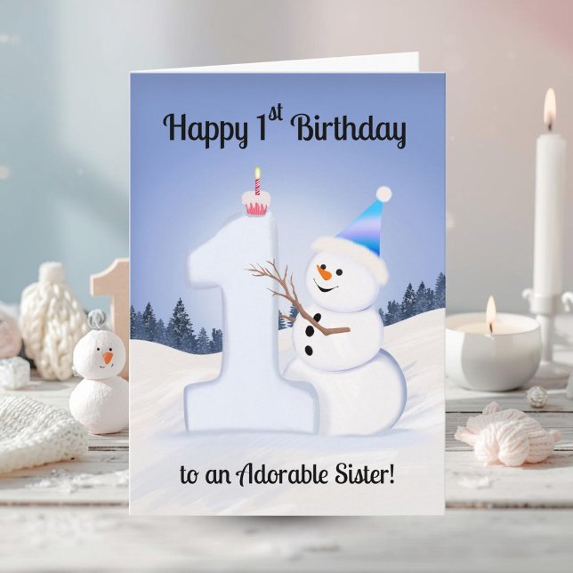 Cartão Sister Happy 1st Birthday Snowman Building (Criador carregado)