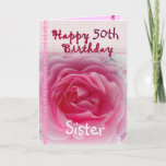 Cartão SISTER  - Happy 50th - 59th Birthday - Pink Rose<br><div class="desc">This card with its pink rose and gingham trim is a sweet way to wish your sister happy birthday! You can add her name (just need to add it one time, it will appear three times in the card - on the front, inside, and back) and add her age to...</div>