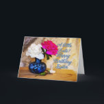 Cartão Sister, Happy Birthday with painted roses<br><div class="desc">Roses in a vase say Happy Birthday in a romantic way. Original artwork showing two roses in a blue vase with rosebuds lying on the table.</div>
