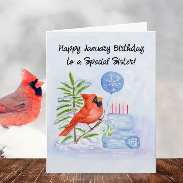 Cartão Sister Happy January Birthday Cardinal with Cake (Criador carregado)